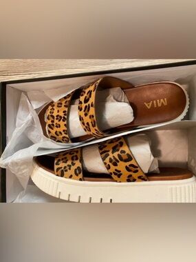 New! MIA Leopard Print Double-Strap Platform Slide Sandals - Tan & Black